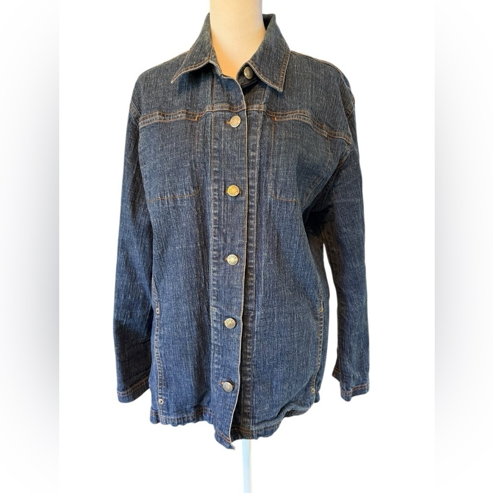 Women’s Chico's Blue Denim stretch Jacket with Orange Stitching NWOT Size 2 lg